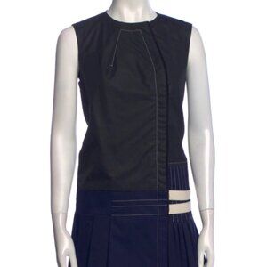 Paco Rabanne Navy/Black Poplin Pleated Contrast Stitch Midi Dress M $1,090